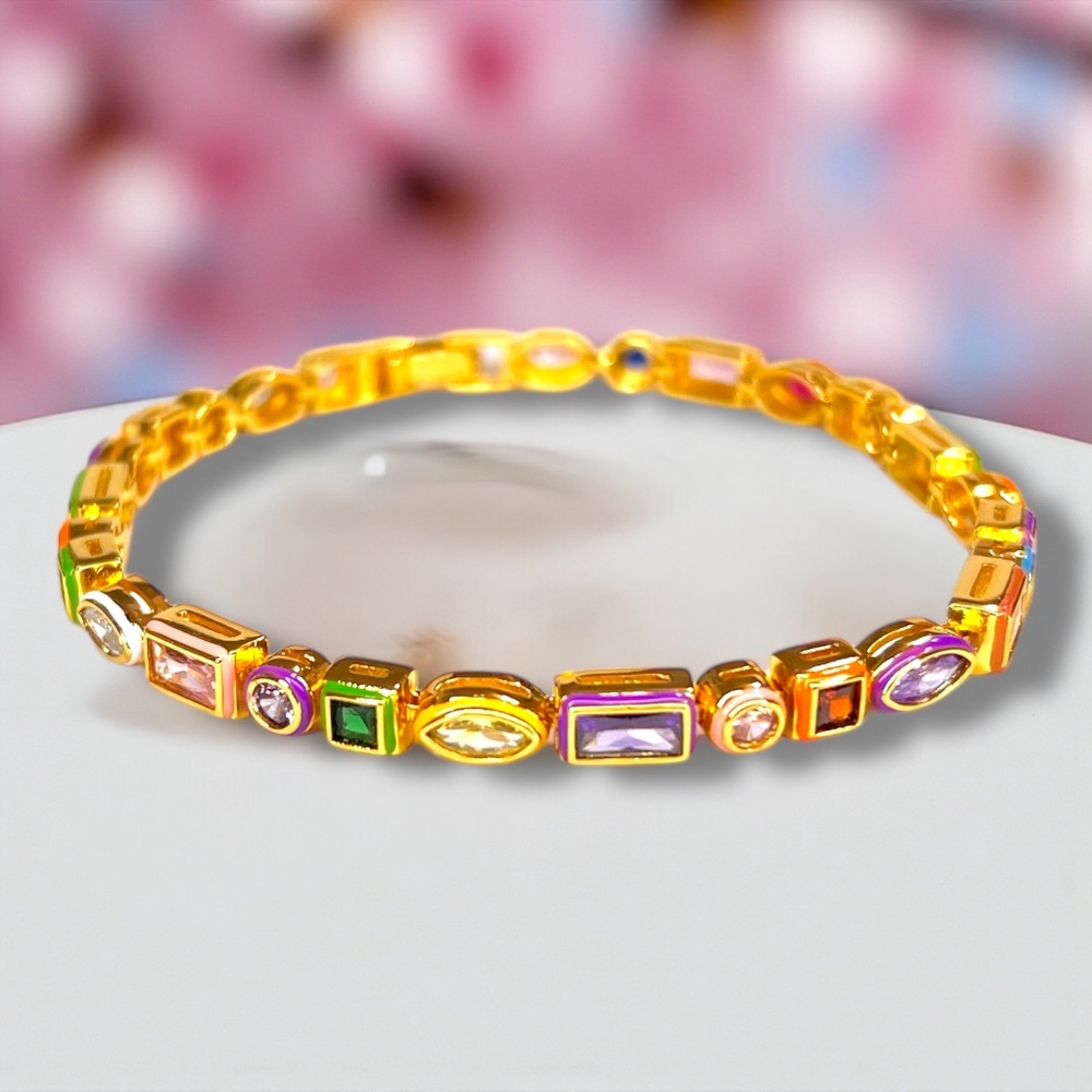 Hand Enameled Rainbow Amethyst, Ruby, Sapphire Bracelet in Gold - Picture 9 of 11